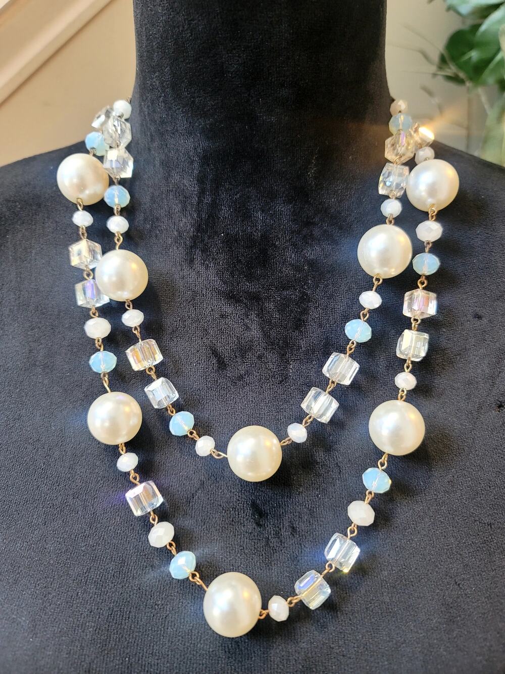 Vintage Faux Pearl & Aurora Borealis Crystal Double Strand Necklace Wedding Prom